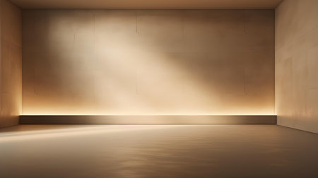 Empty geometrical room in beige colors with beautiful lighting. Futuristic Background for Product Presentation.の素材