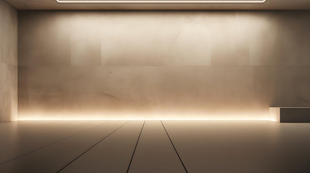 Empty geometrical room in beige colors with beautiful lighting. Futuristic Background for Product Presentation.の素材