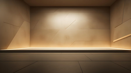Empty geometrical room in beige colors with beautiful lighting. Futuristic Background for Product Presentation.の素材