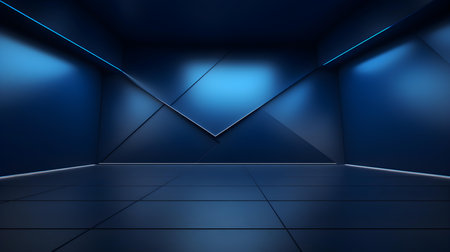 Empty geometrical room in blue colors with beautiful lighting. Futuristic Background for Product Presentation.の素材