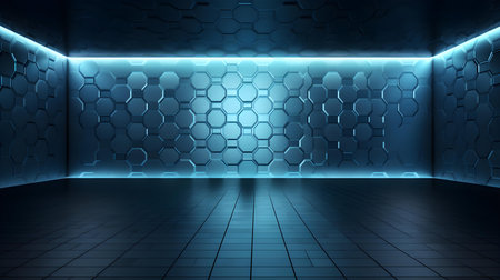 Empty geometrical room in blue colors with beautiful lighting. Futuristic Background for Product Presentation.の素材
