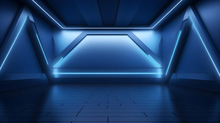 Empty geometrical room in blue colors with beautiful lighting. Futuristic Background for Product Presentation.の素材