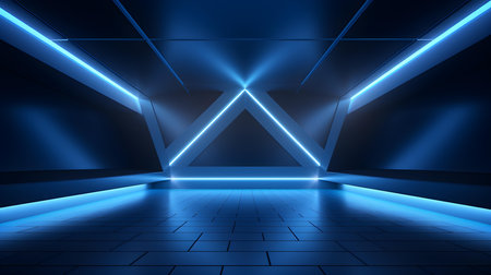 Empty geometrical room in blue colors with beautiful lighting. Futuristic Background for Product Presentation.の素材