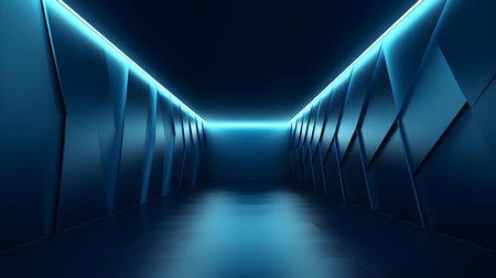 Empty geometrical room in blue colors with beautiful lighting. Futuristic Background for Product Presentation.の素材