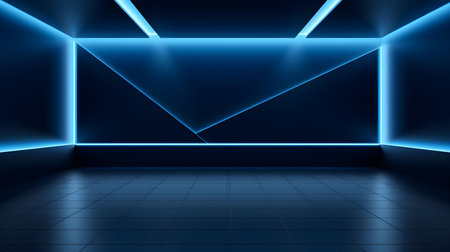 Empty geometrical room in blue colors with beautiful lighting. Futuristic Background for Product Presentation.の素材