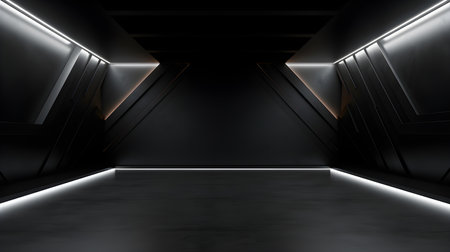 Empty geometrical Room in Black Colors with beautiful Lighting. Futuristic Background for Product Presentation.の素材