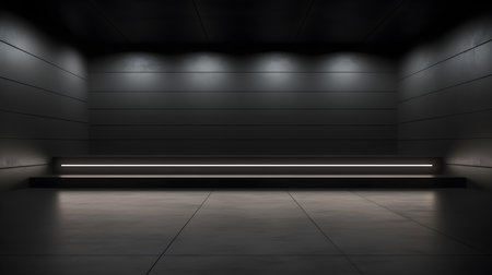 Empty geometrical Room in Black Colors with beautiful Lighting. Futuristic Background for Product Presentation.の素材
