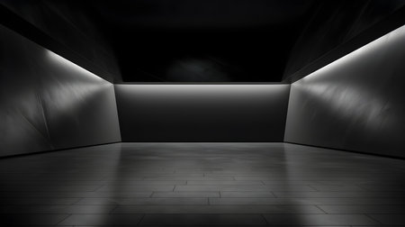 Empty geometrical Room in Black Colors with beautiful Lighting. Futuristic Background for Product Presentation.の素材