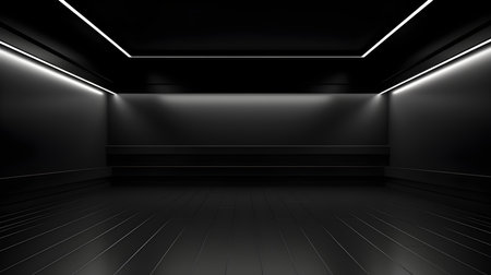 Empty geometrical Room in Black Colors with beautiful Lighting. Futuristic Background for Product Presentation.の素材