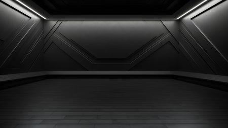 Empty geometrical Room in Black Colors with beautiful Lighting. Futuristic Background for Product Presentation.の素材
