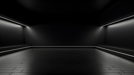 Empty geometrical Room in Black Colors with beautiful Lighting. Futuristic Background for Product Presentation.の素材