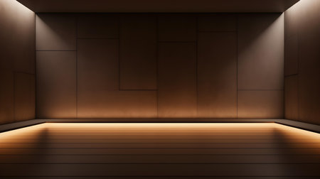 Empty geometrical room in brown colors with beautiful lighting. Futuristic Background for Product Presentation.の素材