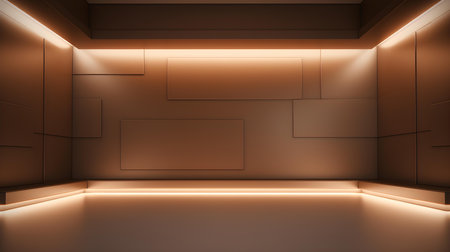 Empty geometrical room in brown colors with beautiful lighting. Futuristic Background for Product Presentation.の素材