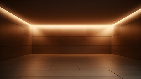 Empty geometrical room in brown colors with beautiful lighting. Futuristic Background for Product Presentation.の素材