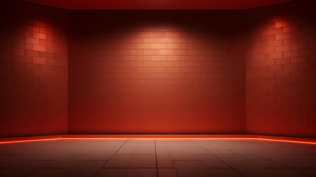 Empty geometrical Room in Brick Red Colors with beautiful Lighting. Futuristic Background for Product Presentation.の素材