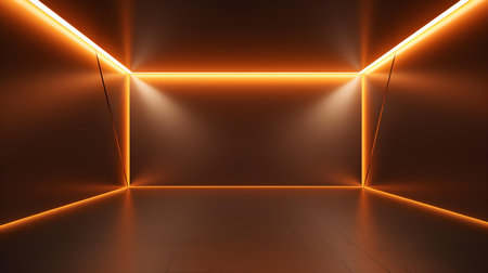 Empty geometrical room in burnt orange colors with beautiful lighting. Futuristic Background for Product Presentation.の素材