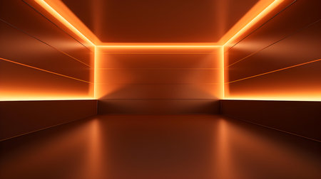 Empty geometrical room in burnt orange colors with beautiful lighting. Futuristic Background for Product Presentation.の素材