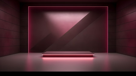 Empty geometrical room in burgundy colors with beautiful lighting. Futuristic Background for Product Presentation.の素材