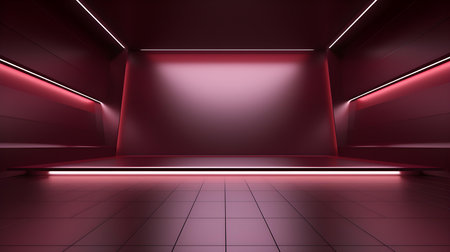 Empty geometrical room in burgundy colors with beautiful lighting. Futuristic Background for Product Presentation.の素材