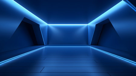 Empty geometrical Room in Cornflower Blue Colors with beautiful Lighting. Futuristic Background for Product Presentation.の素材