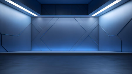Empty geometrical Room in Cornflower Blue Colors with beautiful Lighting. Futuristic Background for Product Presentation.の素材