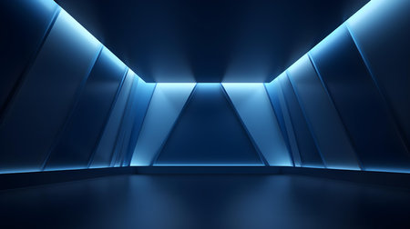 Empty geometrical Room in Cornflower Blue Colors with beautiful Lighting. Futuristic Background for Product Presentation.の素材