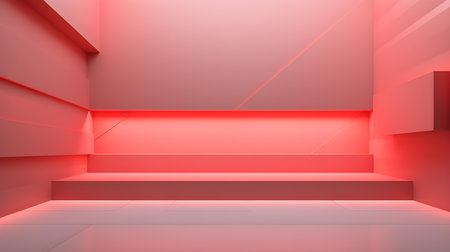 Empty geometrical Room in Coral Pink Colors with beautiful Lighting. Futuristic Background for Product Presentation.の素材