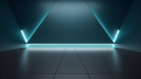 Empty geometrical room in cyan colors with beautiful lighting. Futuristic Background for Product Presentation.の素材