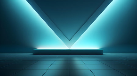Empty geometrical room in cyan colors with beautiful lighting. Futuristic Background for Product Presentation.の素材