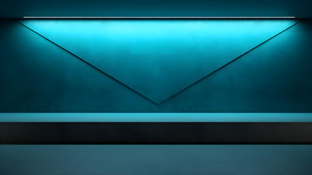 Empty geometrical room in cyan colors with beautiful lighting. Futuristic Background for Product Presentation.の素材
