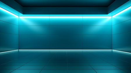 Empty geometrical room in cyan colors with beautiful lighting. Futuristic Background for Product Presentation.の素材