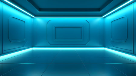 Empty geometrical room in cyan colors with beautiful lighting. Futuristic Background for Product Presentation.の素材