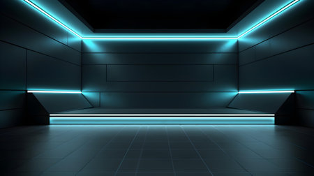 Empty geometrical room in cyan colors with beautiful lighting. Futuristic Background for Product Presentation.の素材