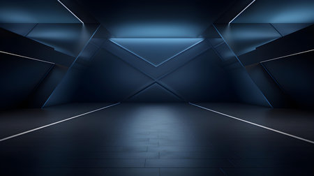 Empty geometrical Room in Dark Blue Colors with beautiful Lighting. Futuristic Background for Product Presentation.の素材