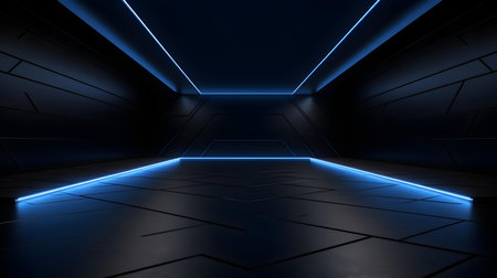Empty geometrical Room in Dark Blue Colors with beautiful Lighting. Futuristic Background for Product Presentation.の素材