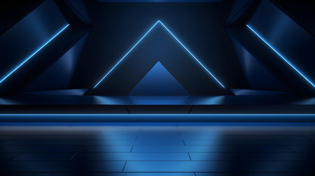 Empty geometrical Room in Dark Blue Colors with beautiful Lighting. Futuristic Background for Product Presentation.の素材