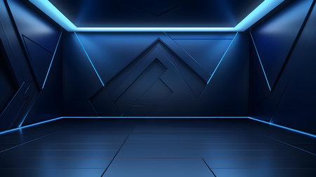 Empty geometrical Room in Dark Blue Colors with beautiful Lighting. Futuristic Background for Product Presentation.の素材