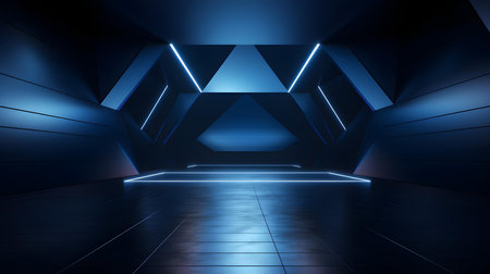 Empty geometrical Room in Dark Blue Colors with beautiful Lighting. Futuristic Background for Product Presentation.の素材