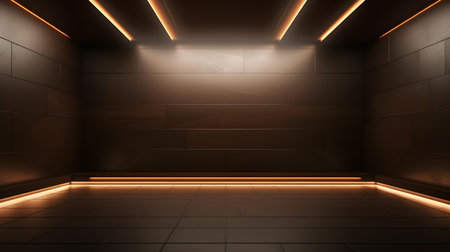 Empty geometrical Room in Dark Brown Colors with beautiful Lighting. Futuristic Background for Product Presentation.の素材