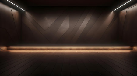 Empty geometrical Room in Dark Brown Colors with beautiful Lighting. Futuristic Background for Product Presentation.の素材