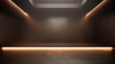 Empty geometrical Room in Dark Brown Colors with beautiful Lighting. Futuristic Background for Product Presentation.の素材