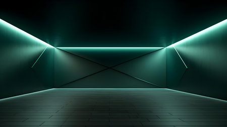 Empty geometrical Room in Dark Green Colors with beautiful Lighting. Futuristic Background for Product Presentation.の素材
