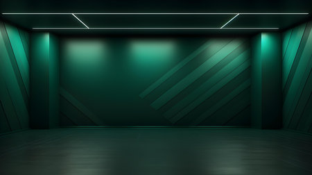 Empty geometrical Room in Dark Green Colors with beautiful Lighting. Futuristic Background for Product Presentation.の素材