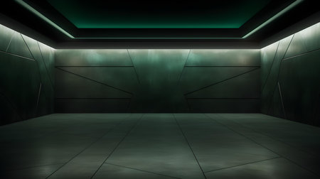 Empty geometrical Room in Dark Green Colors with beautiful Lighting. Futuristic Background for Product Presentation.の素材
