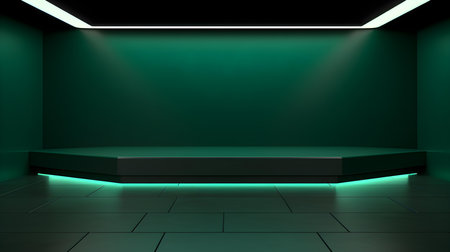 Empty geometrical Room in Dark Green Colors with beautiful Lighting. Futuristic Background for Product Presentation.の素材