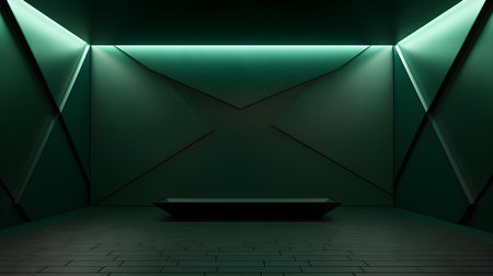 Empty geometrical Room in Dark Green Colors with beautiful Lighting. Futuristic Background for Product Presentation.の素材