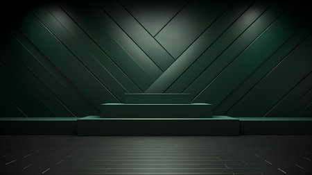Empty geometrical Room in Dark Green Colors with beautiful Lighting. Futuristic Background for Product Presentation.の素材