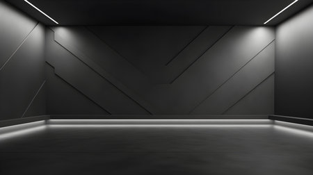 Empty geometrical Room in Dark Gray Colors with beautiful Lighting. Futuristic Background for Product Presentation.の素材