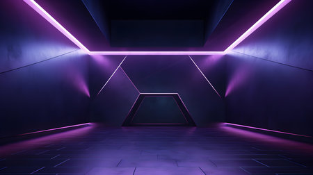 Empty geometrical Room in Dark Purple Colors with beautiful Lighting. Futuristic Background for Product Presentation.の素材