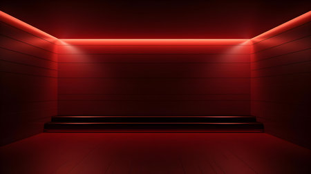 Empty geometrical Room in Dark Red Colors with beautiful Lighting. Futuristic Background for Product Presentation.の素材